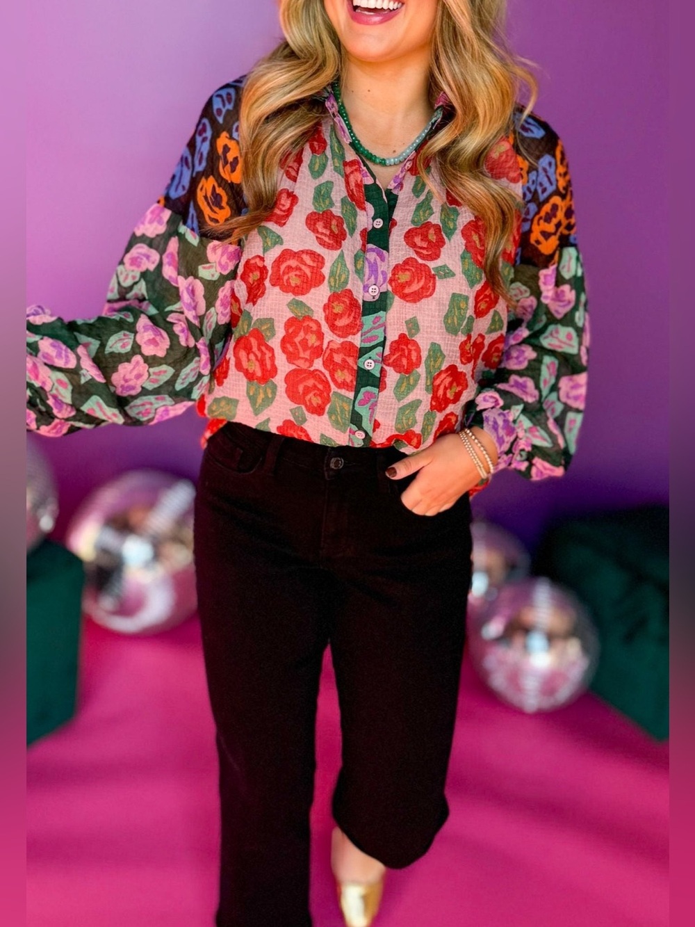 Jodifal | Floral & Lined Button-Front Peasant Blouse - Red Multi Sz M
